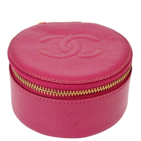 Authentic CHANEL CC Caviar Round Pouch Jewelry Travel Case Coin Purse Pink - Picture 1 of 12